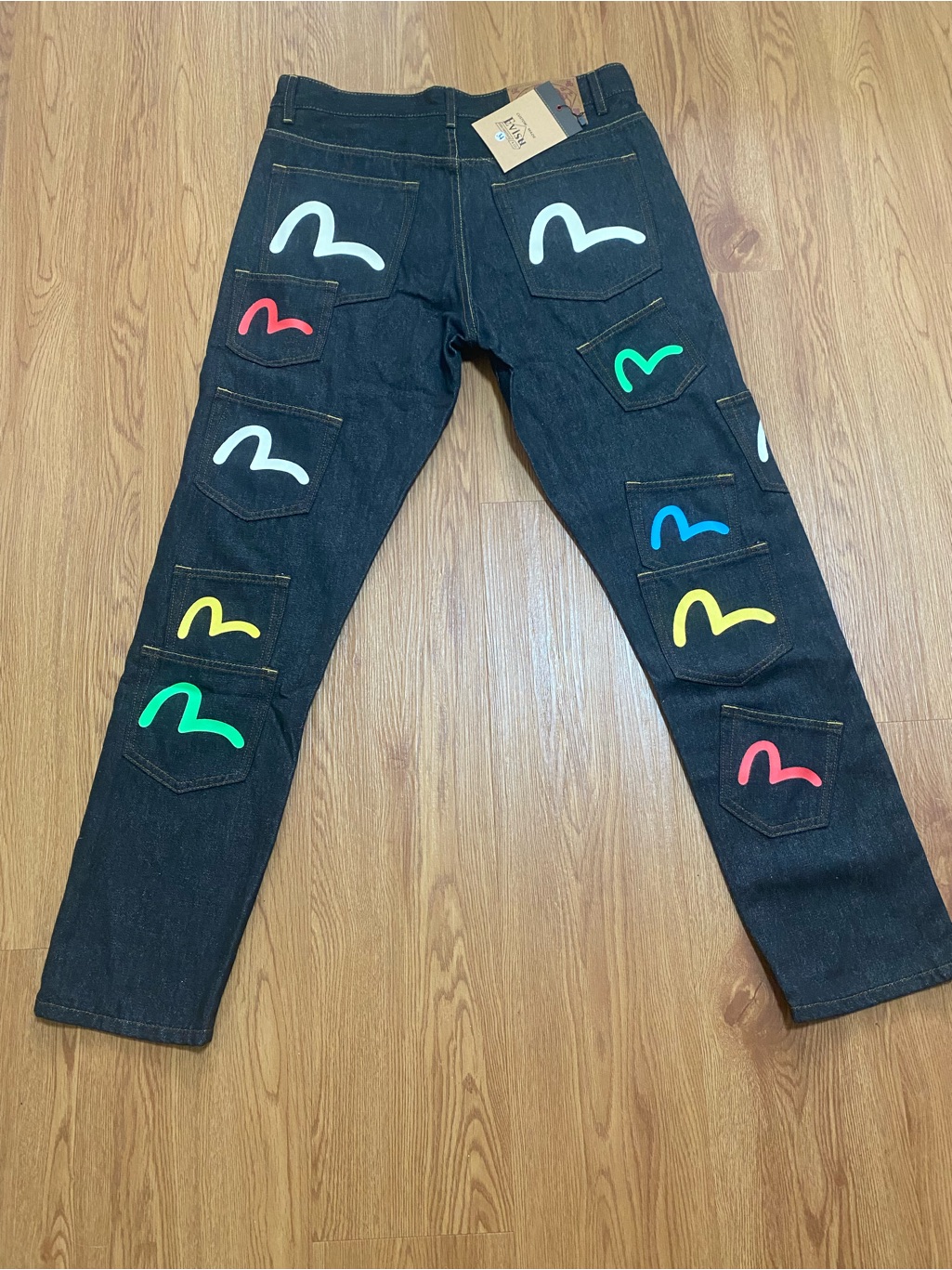 Evisu Dark Blue Straight Jeans With Multi Back Pockets
